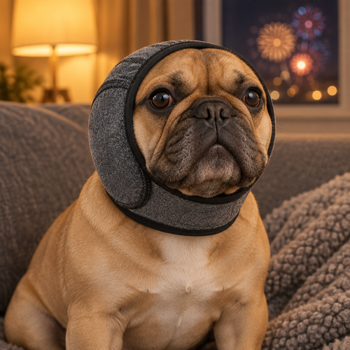 Buldog francuski w nausznikach wyciszających