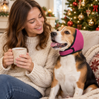 Beagle w różowych nausznikach przy choince