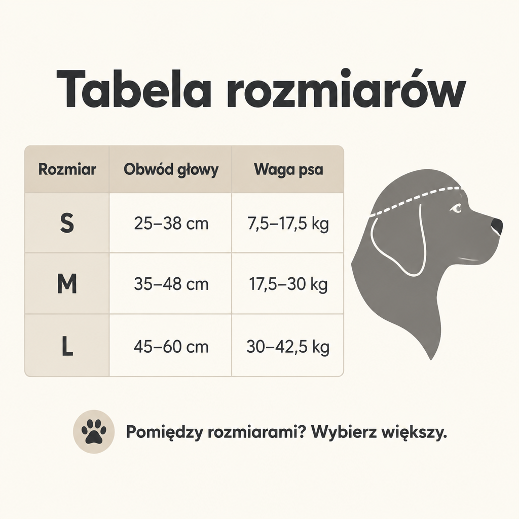 Tabela rozmiarów: S 25–38 cm, M 35–48 cm, L 45–60 cm